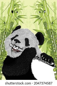 Vector illustration panda a playing musicaL instrument piccolo 