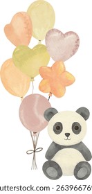 Vector illustration of a panda plush toy with festive party balloons. Ideal for baby invitations, birthday cards, and nursery prints.
