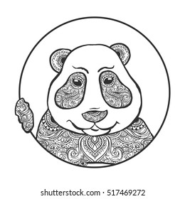 Vector Illustration Panda. Print for clothes, cards, picture banner for websites. Ethnic ornaments.Adult coloring book