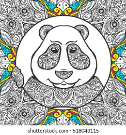 Vector Illustration Panda. Print for clothes, cards, picture banner for websites. Ethnic ornaments.Adult coloring book