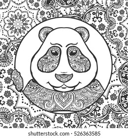 Vector Illustration Panda. Print for clothes, cards, picture banner for websites. Ethnic ornaments mandala. Adult coloring book