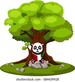 vector illustration of panda reading book and sitting on the stone