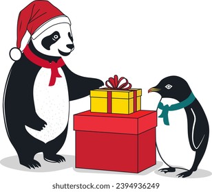 A vector illustration of a panda santa claus wearing a red hat holding a wrapped gift box and giving it to a penguin ho is wearing a green scarf #christmas #winter #vector #clipart #poster #flyer #art