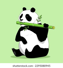 Vector illustration of panda sitting eating bamboo on green background