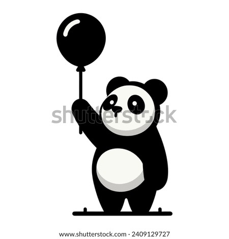 Vector illustration of a panda standing and holding a balloon. Panda is shown in black and white, with big eyes and a cute facial expression.