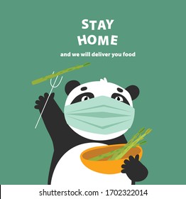 Ilustración vectorial con panda "quedarse en casa".  Entrega de alimentos. caricatura panda con una máscara. China. Afiche de motivación social.
