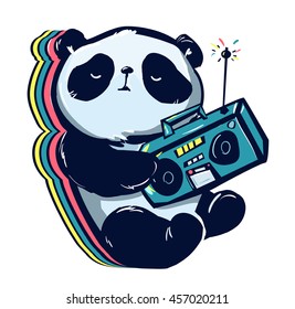 vector illustration of a panda with a tape recorder