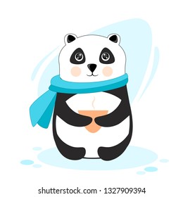 Vector illustration of a panda in a warm scarf with hot tea, treats colds.

