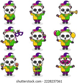 Ilustración vectorial Panda con ropa de mardi gras en diferentes poses aisladas de fondo blanco. Dibujo de un Mardi Gras Panda. Mardi Gras jester, listo.