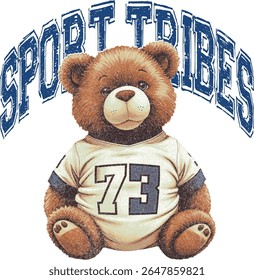 Ilustração vetorial de um panda vestindo uma jaqueta varsity com "Sports Tribes Panda Print 73" em seu peito.