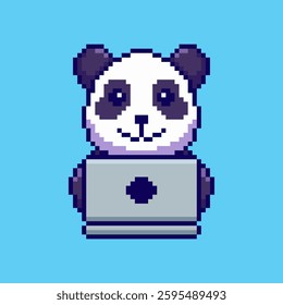 Vector Illustration of Panda Working on Laptop with Pixel Art Design, perfect for game assets themed designs