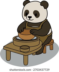 Vector illustration of a panda working at a potter's wheel, creating a ceramic piece. Adorable and educational design, ideal for school materials, and art activities