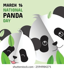 Vector illustration of pandas and bamboo leaves in folded paper style with text. March 16 National Panda Day Commemoration.