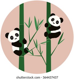 Vector Illustration of Pandas on bamboo. Logo with Cute Pandas on Pink Background. 