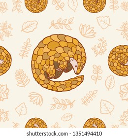 Vector illustration of pangolins and leafs. Infinite repeatable seamless pattern.