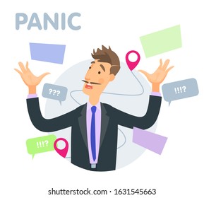Vector illustration Panic at the office manager, messages, questions and documents.  