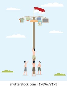 Vector illustration of "Panjat Pinang" is one of the competitions held to commemorate the Independence Day of the Republic of Indonesia