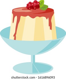 Vector illustration of Panna cotta on plate. Sweet dessert