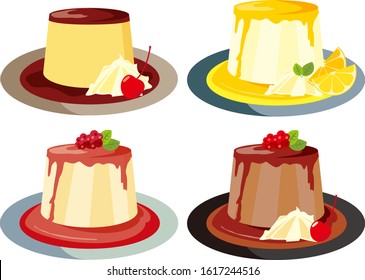 Vector illustration of Panna cotta on plate. Sweet dessert . pudding