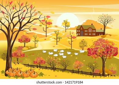 Vector illustration of panorama autumn landscape in english countryside with forest trees and leaves falling,Panoramic of farm field with family of lambs on hills in fall season with yellow foliage.