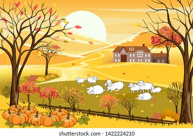 Vector illustration of panorama autumn landscape in english countryside with forest trees and leaves falling,Panoramic of farm field with family of lambs on hills in fall season with yellow foliage.
