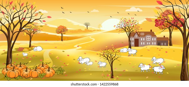 Vector illustration of panorama autumn landscape in english countryside with forest trees and leaves falling,Panoramic of farm field with family of lambs on hills in fall season with yellow foliage.
