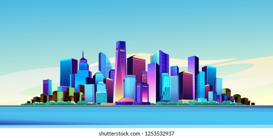 vector illustration panorama big city on the canal bank buildings skyscrapers cityscape