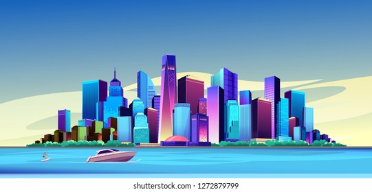 vector illustration panorama big city on the canal bank buildings skyscrapers cityscape