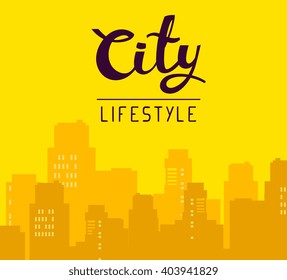 Vector illustration of panorama of big city with header on yellow background. Art design for web, site, advertising, banner, poster, flyer, brochure, board and print.  