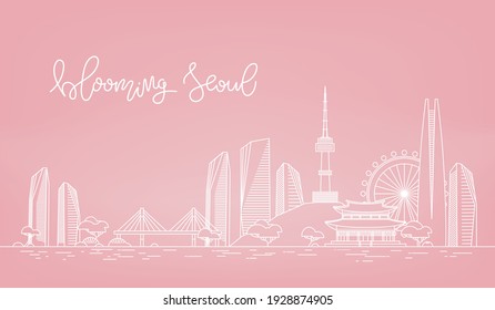 Vector illustration of the panorama of blooming Seoul on the Han river. Seasonal background with hand lettering. Spring badge, card, invitation, banner template, typography poster. EPS 10