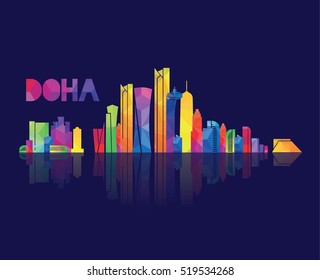 vector illustration. panorama of the city of Doha the capital of Qatar. a bright colorful graphics, geometric pattern