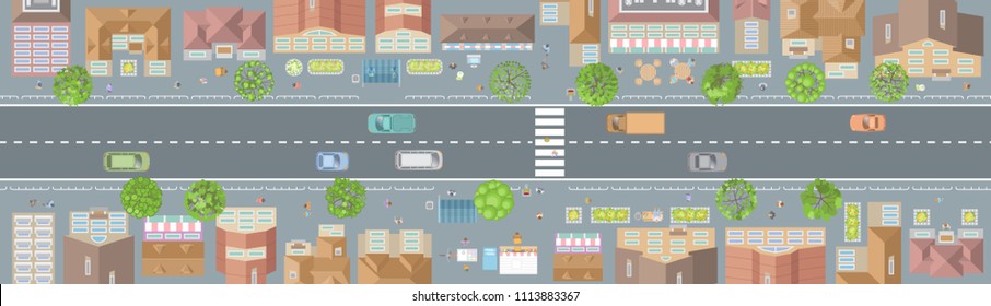 Vector illustration. Panorama of the city street. Top view. City landscape. View from above.