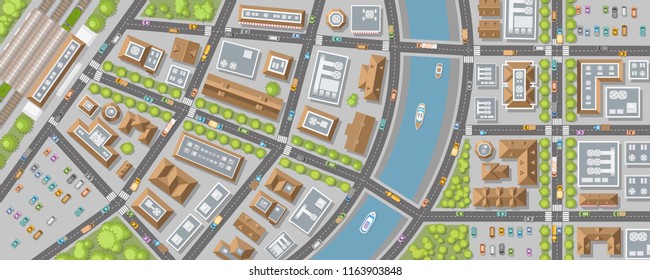 Vector Illustration. Panorama Of The City. View From Above. Streets, Houses, Buildings, Roads, Crossroads, Station, Trees, River, Cars. (top View) 