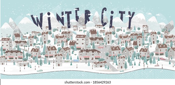 Vector illustration. Panorama of a European city in winter. Hand-drawn, doodle style, scandinavian style. Panorama of the city and mountains in the background.