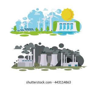 vector illustration panorama of the island vozoyunovlyaemye environmentally friendly alternative sources of energy. island pollution plants with pollution of water and soil air. 