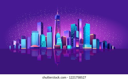 Vector illustration of a panorama of a large night city illuminated by neon lights. Modern buildings and skyscrapers on the waterfront, urban landscape