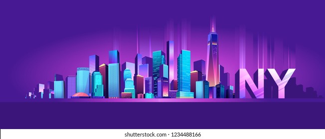 Vector illustration of a panorama of a large night city illuminated by neon lights. Modern buildings and skyscrapers on the waterfront, urban landscape