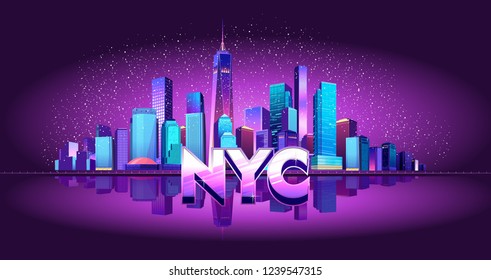 Vector illustration of a panorama of a large night city illuminated by neon lights. Modern buildings and skyscrapers on the waterfront, urban landscape