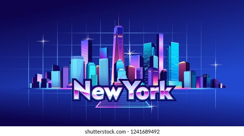 Vector illustration of a panorama of a large night city illuminated by neon lights. Modern buildings and skyscrapers on the waterfront, urban landscape