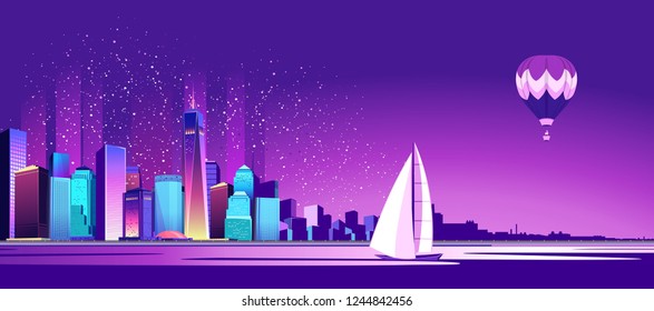 Vector illustration of a panorama of a large night city illuminated by neon lights. Modern buildings and skyscrapers on the waterfront, urban landscape