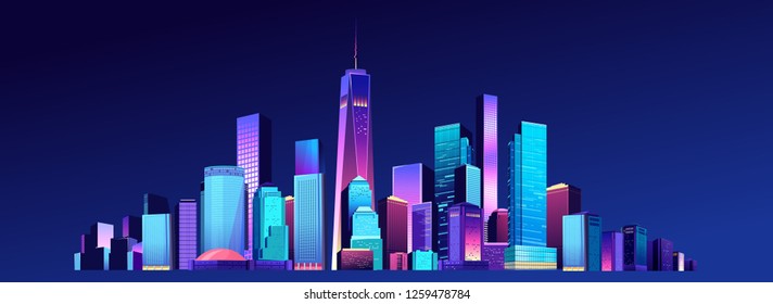 Vector illustration of a panorama of a large night city illuminated by neon lights. Modern buildings and skyscrapers on the waterfront, urban landscape