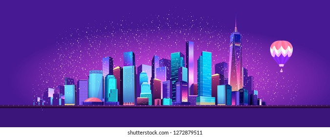 Vector illustration of a panorama of a large night city illuminated by neon lights. Modern buildings and skyscrapers on the waterfront, urban landscape