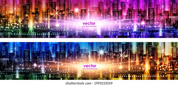 Ilustración vectorial de un panorama de una gran ciudad nocturna iluminada con luces de neón. Edificios y rascacielos modernos. Resumen banner vectorial de ciudad futurista, encabezado de fondo de paisaje urbano.