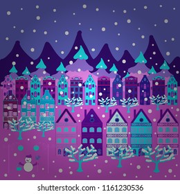 Vector illustration. Panorama on violet, blue and white colors. For design background. A fairytale village with bright houses and trees, hills, mountans, snowman.