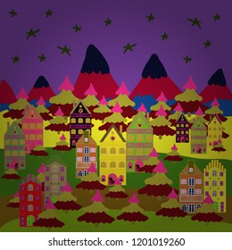 Vector illustration. Panorama on violet, yellow and green colors. For design background. A fairytale village with bright houses and trees, hills, mountans, snowman.