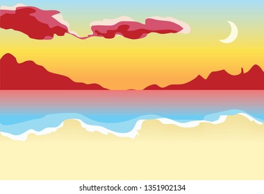Vector illustration of panorama romantic sunset tropacal holiday beach with moon and red clouds at sea