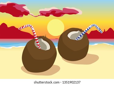 Vector illustration of panorama romantic sunset tropacal holiday beach red clouds with two coconut drinks at sea