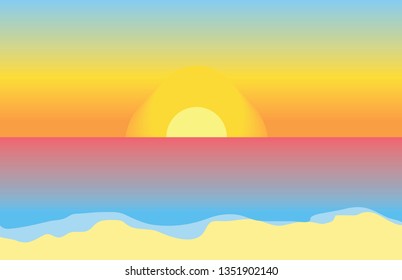 Vector illustration of panorama romantic sunset tropacal holiday beach red clouds at sea