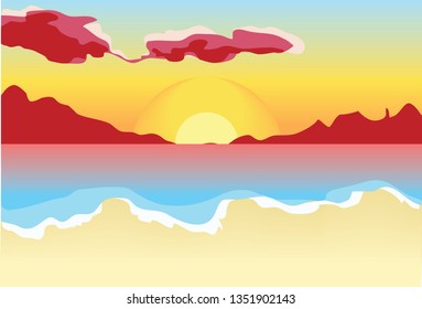 Vector illustration of panorama romantic sunset tropacal holiday beach red clouds at sea