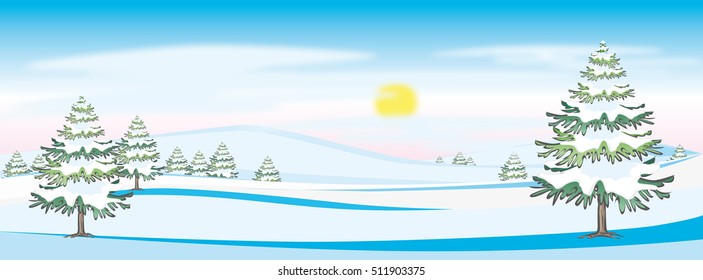 Vector illustration panorama view winter landscape with trees and snow 